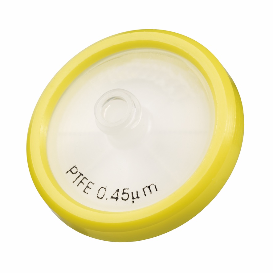 30mm HPLC Spritzenfilter,  Glasfaser-Vorfilter/PTFE, Porengröße 0,45µm, Randumspritzung gelb + Druck der Membrantype 30mm HPLC Spritzenfilter,  Glasfaser-Vorfilter/PTFE, Porengröße 0,45µm, Randumspritzung gelb + Druck der Membrantype