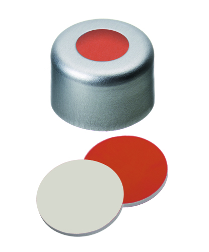 8mm Verschluss: Aluminium Bördelkappe, farblos lackiert, mit Loch; RedRubber/PTFE beige, 45° shore A, 1,0mm