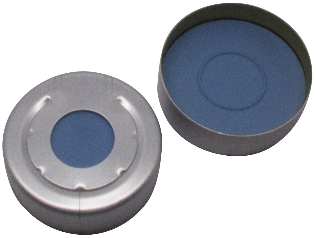 20 mm Headspace-Kappe mit Überdrucksicherung, farblos lackiert, mit Loch; Formscheibe Butyl, grau, 55° Shore A, 3,0 mm