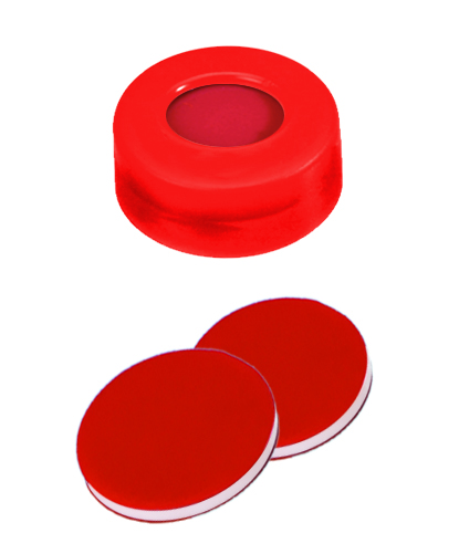 11mm Verschluss: PE Schnappringkappe, rot, mit Loch; PTFE rot/Silicon weiß/PTFE rot, 45° shore A, 1,0mm