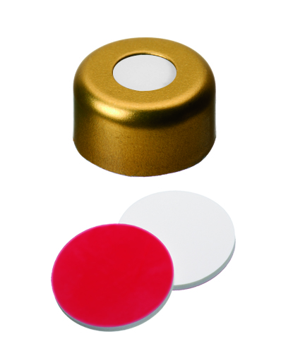 UltraClean Verschluss: 11mm  Aluminium Bördelkappe, gold lackiert, mit Loch; Silicon weiß/PTFE rot, 45° shore A, 1,3mm