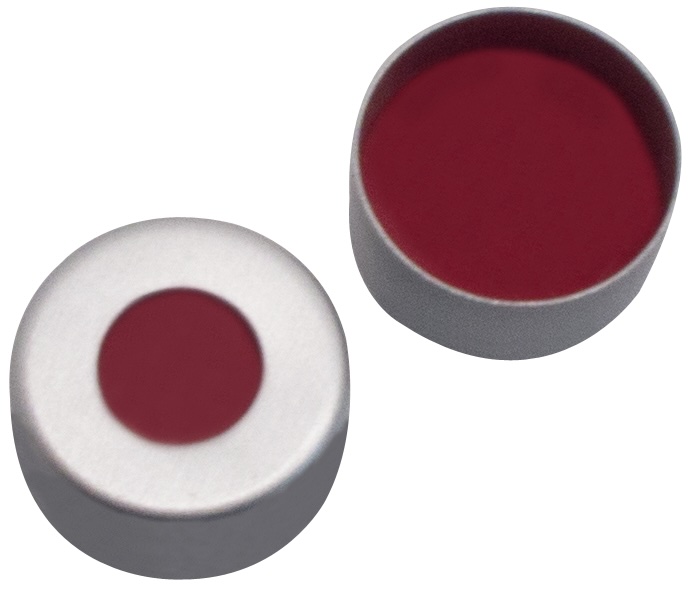 8 mm Aluminium-Bördelkappe, mit Rollierung, farblos lackiert, mit Loch; PTFE rot/Silicon weiß/PTFE rot, 45° Shore A, 1,0 mm
