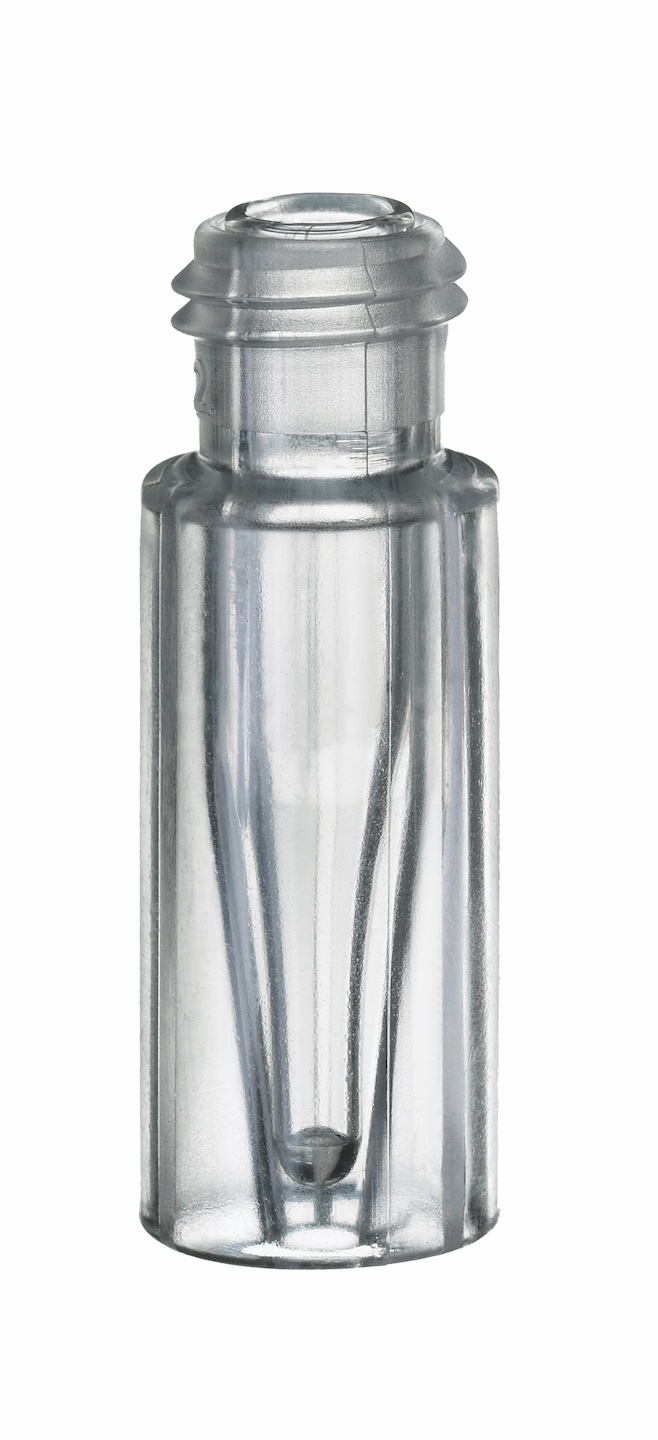 Kurzgewindeflasche, 32x11,6, Klasglas, mit integriertem 0,2ml Glas-Mikroeinsatz, 15mm Spitze