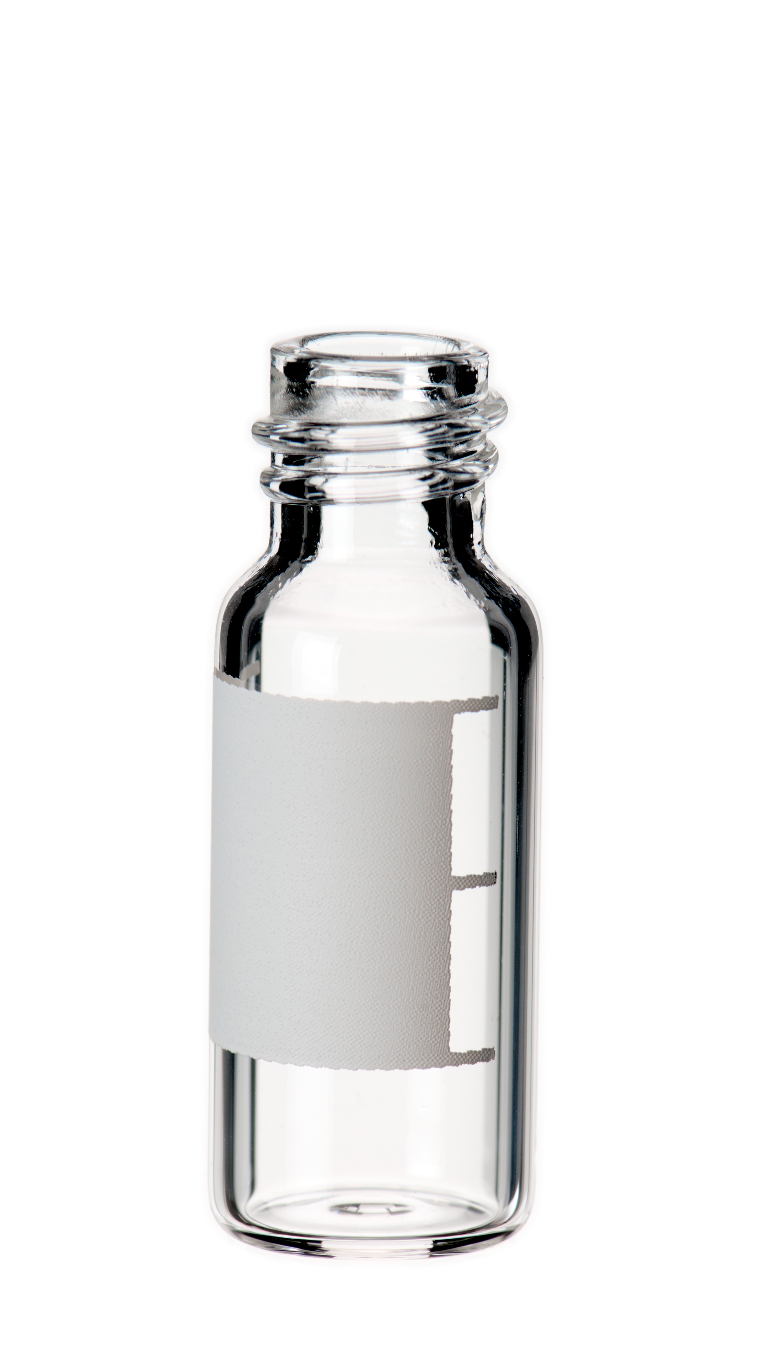 1,5 ml Gewindeflasche, Gewinde 8-425, 32 × 11,6 mm, Klarglas, 1. hydrolytische Klasse, enge Öffnung, mit Schriftfeld und Füllmarkierungen