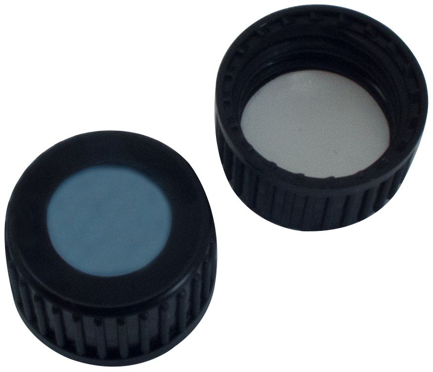 18 mm PP-Schraubkappe, schwarz, mit Loch; Silicon blau transparent/PTFE weiß, 45° Shore A, 1,3 mm
