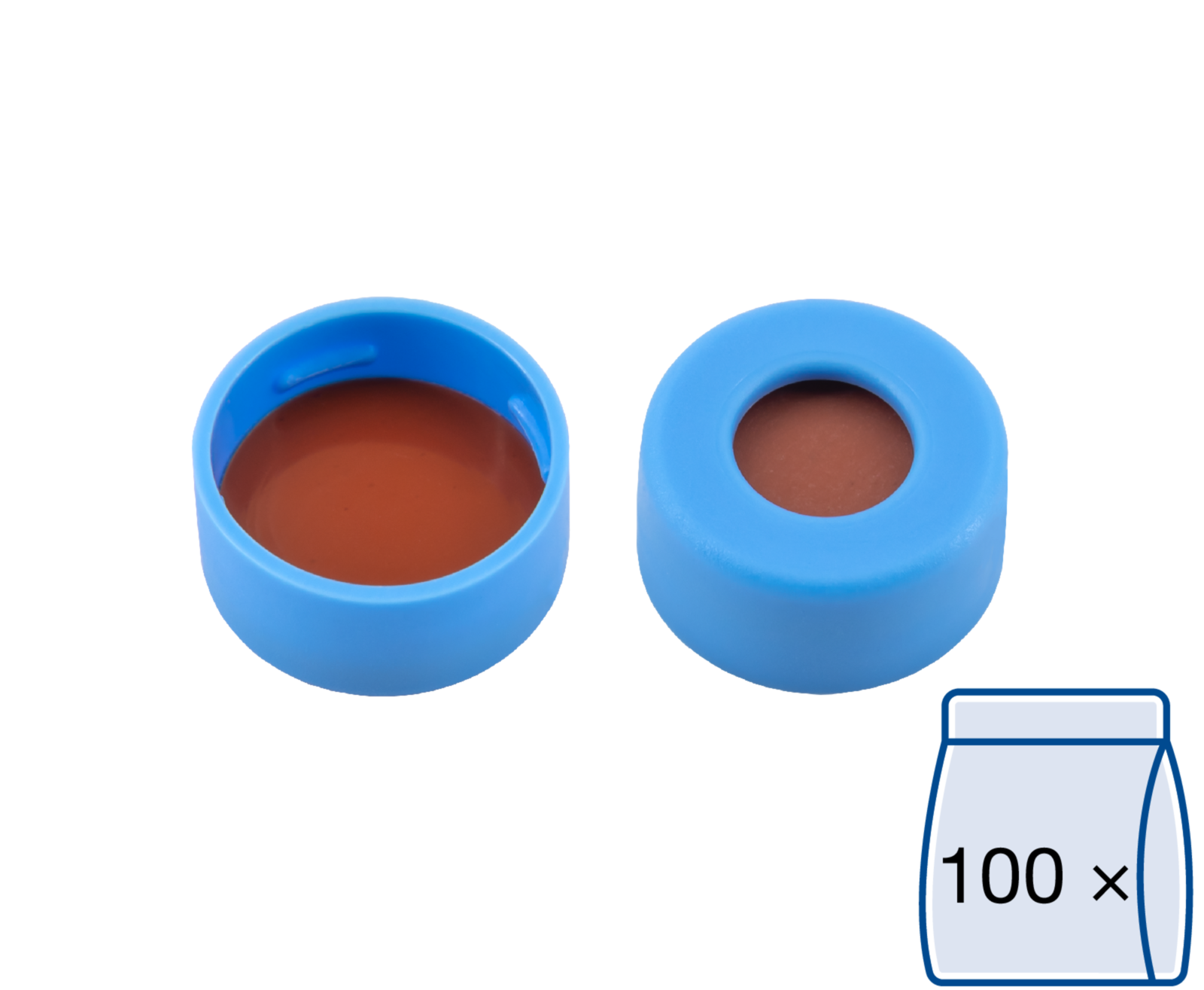 N 11 PE Schnappringkappe, weich, hellblau, Loch Red Rubber/FEP farblos Härte: 45° shore A Septendicke: 1,0 mm Packung à 100 St.