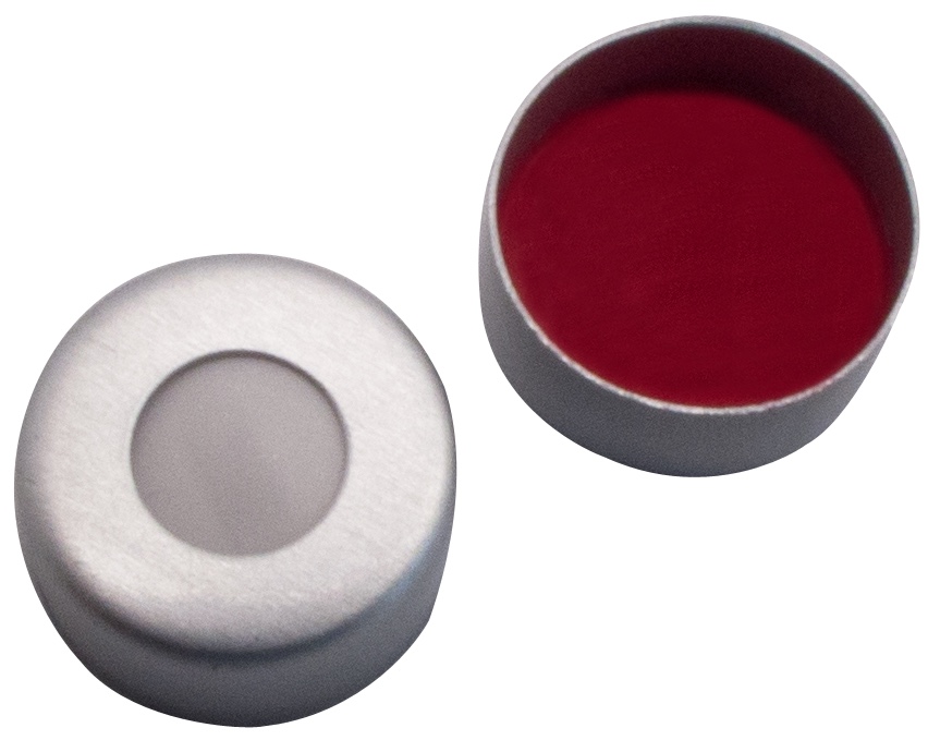 11 mm Magnetische Bördelkappe, silber lackiert, mit Loch; Silicon weiß/PTFE rot, 45° Shore A, 1,0 mm (ultraClean)