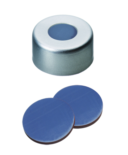11mm Verschluss: Aluminium Bördelkappe, farblos lackiert, mit Loch; PTFE grau/Butyl rot/PTFE grau, 55° shore A, 1,3mm