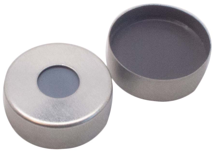 20mm magnetische Bördelkappe, silber, 8mm Loch; 20mm Formscheibe Butyl/ PTFE, 50° shore A, 3.0mm