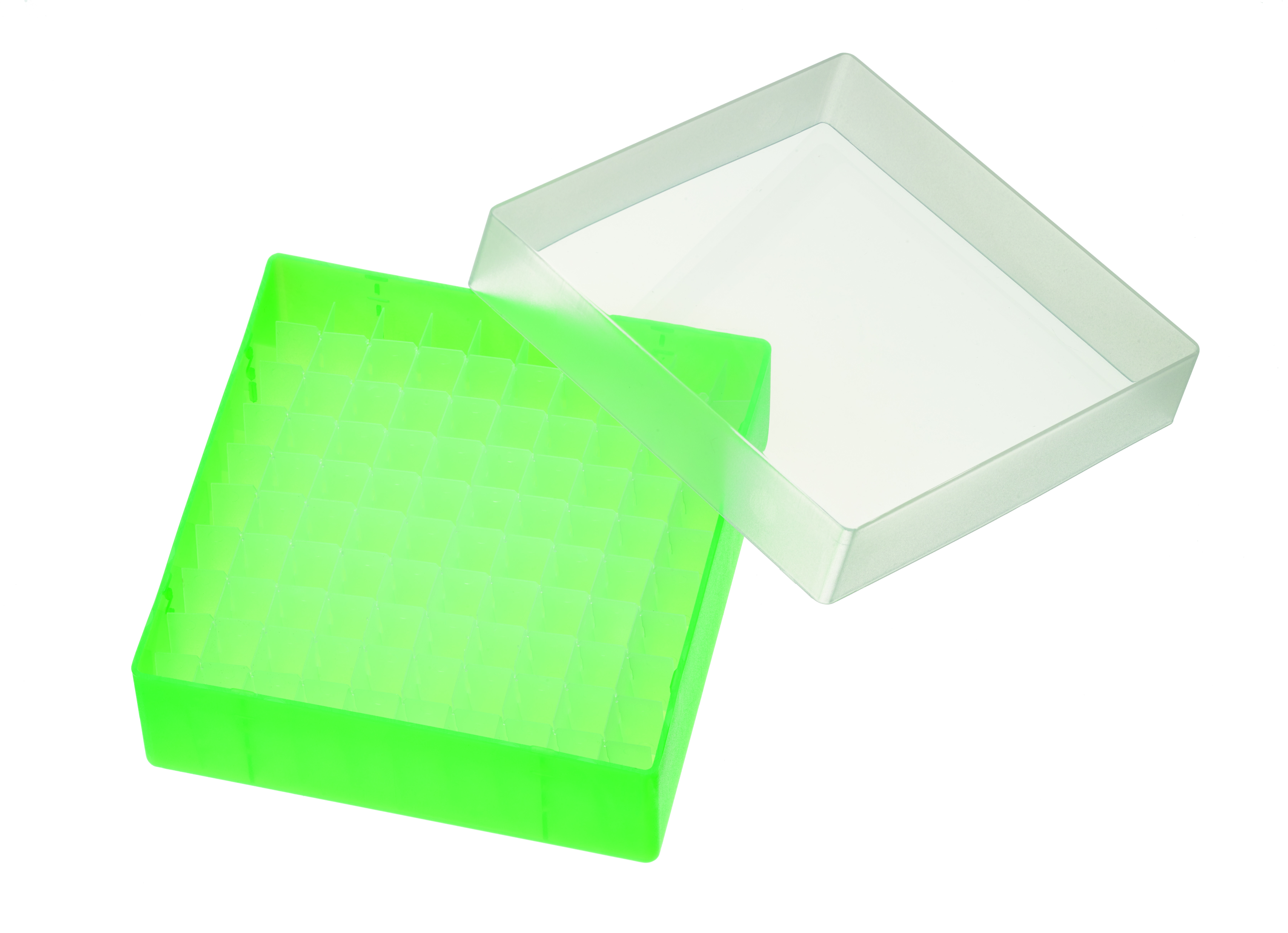 PP Aufbewahrungsbox für 1,5 ml (1,8 ml, 2 ml) Flaschen oder 2 ml Flachbodengläser, grün, mit Deckel (136 x 136 × 45 mm), 100 Kavitäten