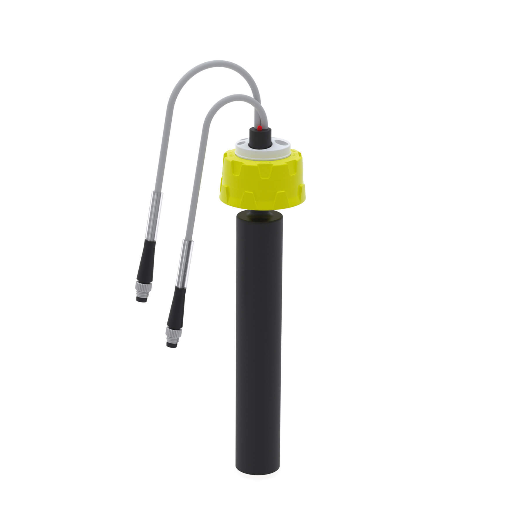 Kappe GL45 aus PP-GF-gelb, Einsatz aus PTFE 2 fest montierten Signalkabeln 0,5 m (1x Voralarm, 1x Hauptalarm) für Anschluss an b-safe Mini-Display DLC, LED-Blinklicht zur Anzeige eines vollen Kanisters, 2 Kapillaranschlüssen (UNF 1/4"), 1 Anschluss für Sc