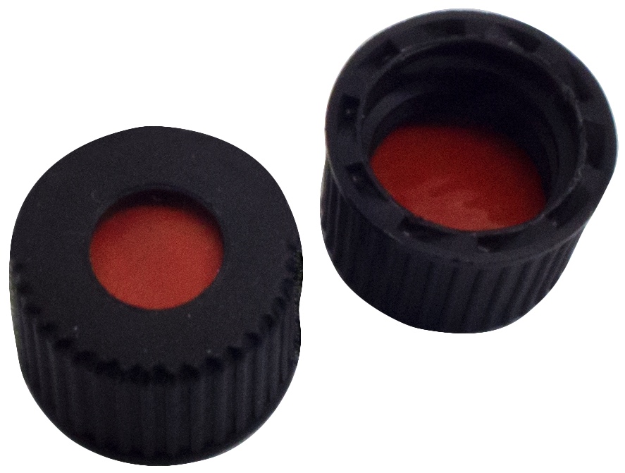 10 mm PP-Schraubkappe, schwarz, mit Loch, mit Gewinde 10/425; Naturkautschuk rot-orange/TEF transparent, 60° Shore A, 1,3 mm
