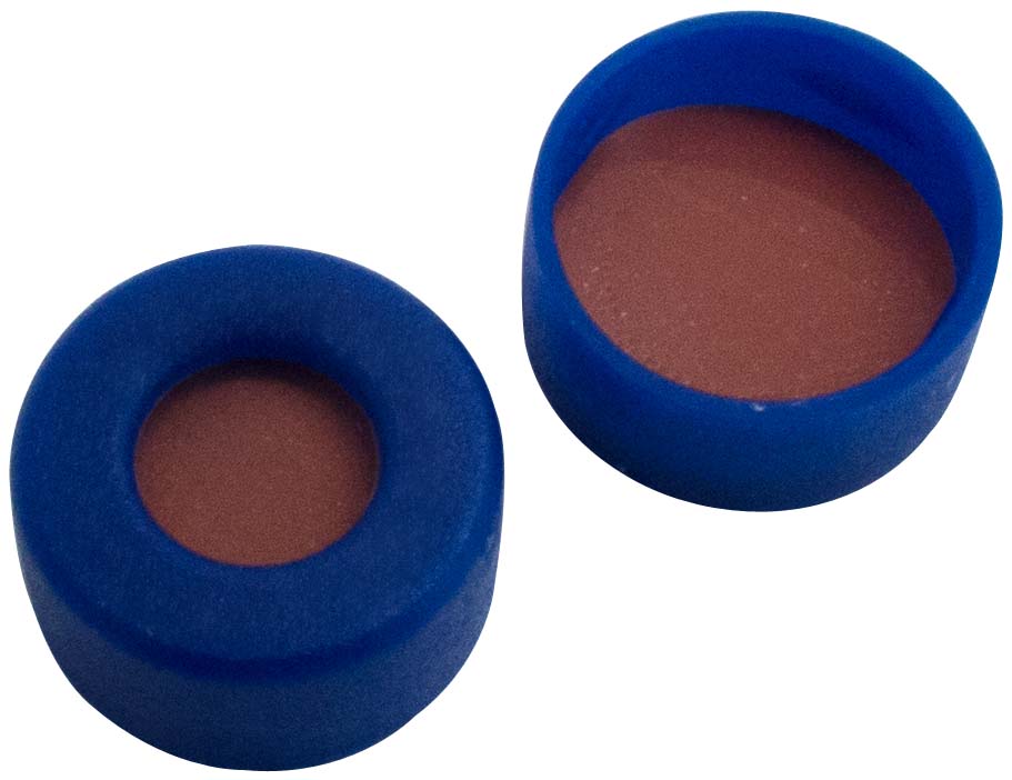 11mm Verschluss: PE Schnappringkappe, blau, mit Loch, weiche Version; Naturkautschuk rot-orange/TEF transparent, 60° shore A, 1,0mm