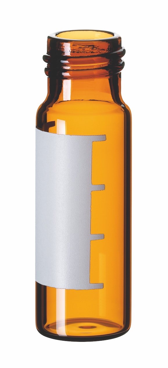 4ml Gewindeflasche, 45 x 14,75mm, braun, 1. hydrol. Klasse, mit Schriftfeld und Füllmarkierung