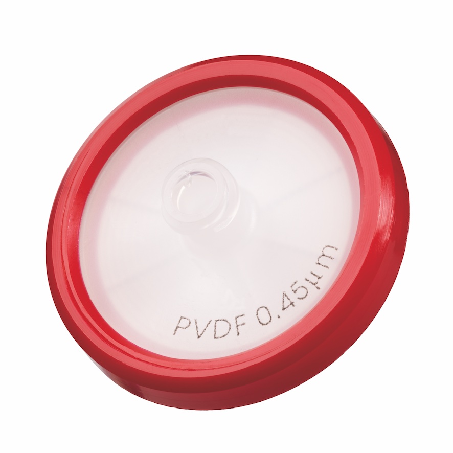 30mm HPLC Spritzenfilter,  PVDF, Porengröße 0,45µm, Randumspritzung rot + Druck der Membrantype