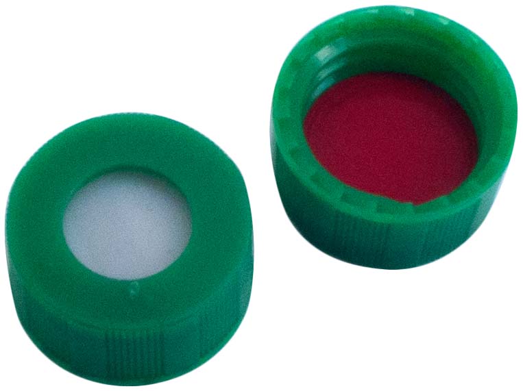 9mm P Kurzgewindekappe, grün, mit Loch; ; Silikon rot-orange/PTFE farblos, 45°shore A, 1,0mm