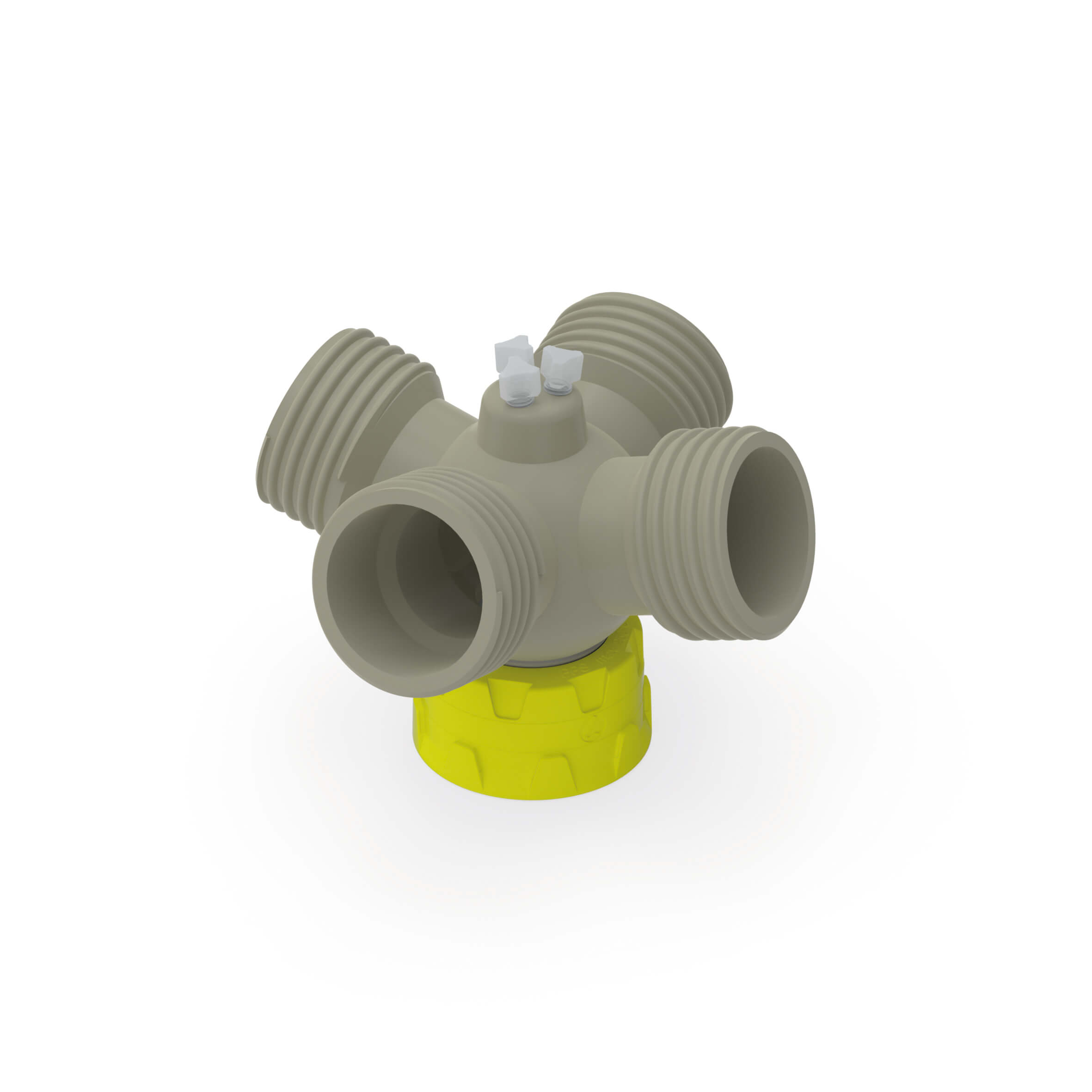 Kappe GL45 aus PP-gelb und Einsatz aus PP-grau, mit 4 seitlichen Anschlüssen GL45 und 3 zentrischen Kapillaranschlüssen UNF 1/4" 28 G. Zubehör: 3x Blindfittings (PFA-milchig-weiß)