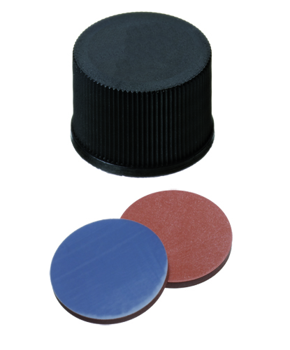 13 mm Polypropylen-Schraubkappe, schwarz, geschlossen; RedRubber/PTFE beige, 45° Shore A, 1,3 mm