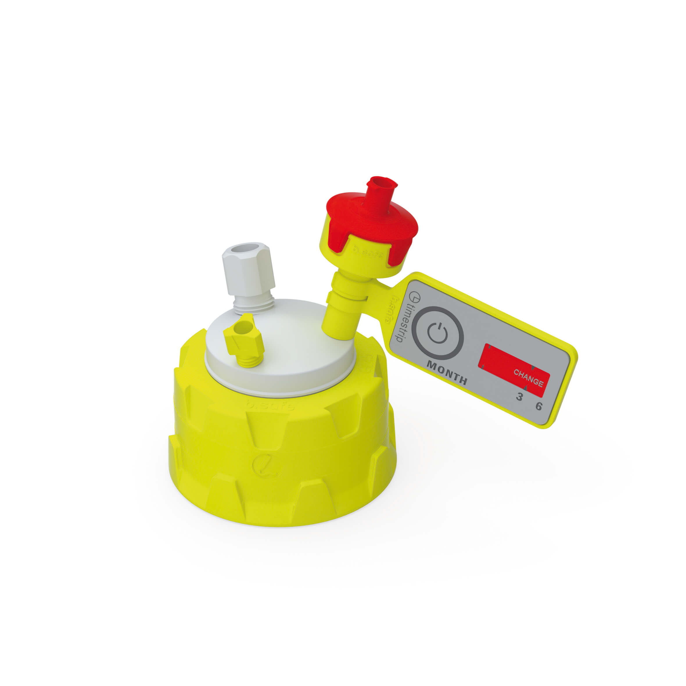 Kappe GL45 aus PP-GF-gelb, Einsatz aus PTFE mit 1 Kapillaranschluss (UNF 1/4") und 1 Schlauchanschluss (NPT 1/8"). Zubehör: 1 Belüftungsventil mit Wechselanzeige, 1 Fitting für Schlauch-Außen-Ø 3,2 mm (PFA-gelb), 1 Fitting für Schlauch-Außen-Ø 6,35 m