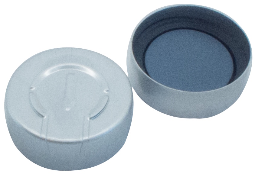 20 mm Aluminium-Bördelkappe, farblos lackiert, Ganzabriss; Pharma-Fix-Septum, Butyl/PTFE, 50° Shore A, 3,0 mm