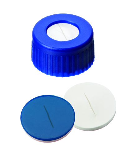 9mm UltraClean Verschluss: PP Kurzgewindekappe, blau, mit Loch; Silicon weiß/PTFE rot, 55° shore A, 1,0mm, geschlitzt