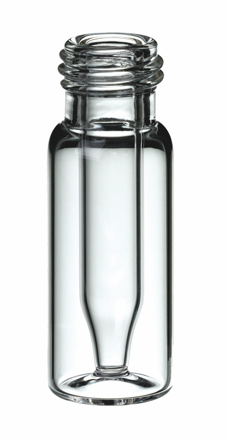 Kurzgewindeflasche mit integriertem 0,3 ml Mikroeinsatz, 32 × 11,6 mm, Klarglas, 1. hydrolytische Klasse, "Base Bond" mit weitem Mikroeinsatz