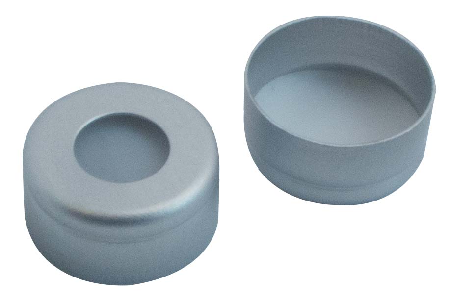 11mm Verschluss: Aluminium Bördelkappe, farblos lackiert, mit Loch, mit Rollierung; PTFE virginal, 53° shore D, 0,25mm