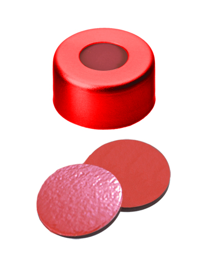 11mm Verschluss: Aluminium Bördelkappe, rot lackiert, mit Loch; Naturkautschuk rot-orange/Butyl rot/TEF transparent, 45° shore A, 1,0mm