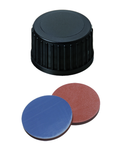 18 mm PP-Schraubkappe, schwarz, geschlossen; Butyl rot/PTFE grau, 55°Shore A, 2,4 mm