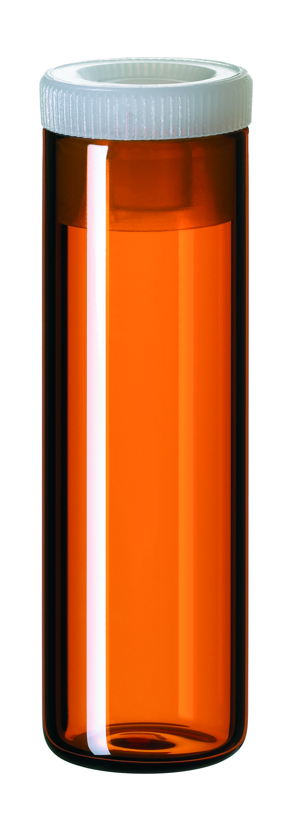 4 ml Flachbodenglas, (0537+0558) 44,6 × 14,65 mm, Braunglas, mit 15 mm PE-Stopfen, transparent