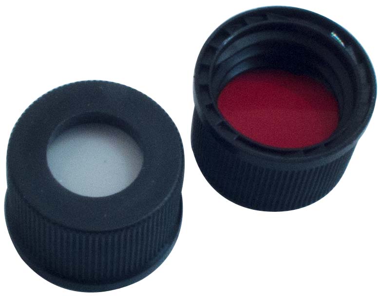 13 mm PP-Schraubkappe, schwarz, mit Loch; Silicon weiß/PTFE rot, 45°Shore A, 1,3 mm