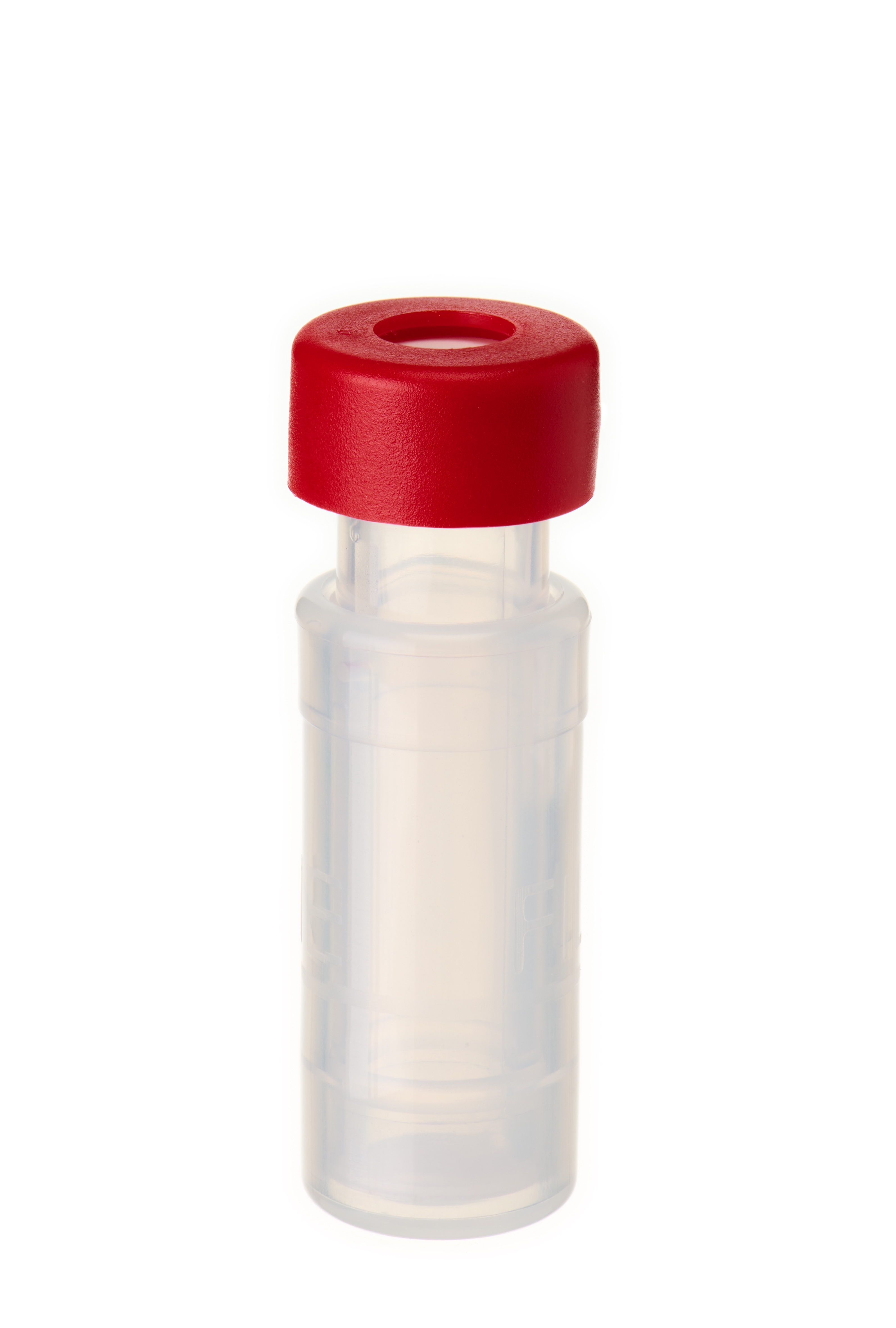 Filter Vial, (2122+ 2137) Membrane PTFE (Polyetrafluoreoethylen), 0,45 µm, inkl. 11 mm PE Schnappringkappe, rot, mit Loch; Silicon weiß/PTFE rot, 45° Shore A, 1,0 mm, kreuzgeschlitzt