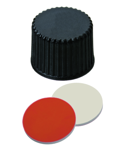 8mm Verschluss: PP Schraubkappe, schwarz, geschlossen; RedRubber / PTFE beige, 45° shore A, 1,0mm