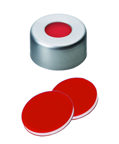 11mm Aluminium Bördelkappe, farblos lackiert, 5,8mm Loch; 11mm Scheibe, PTFE rot/ Silicon weiß/ PTFE rot, 55 shore A, 1,0mm