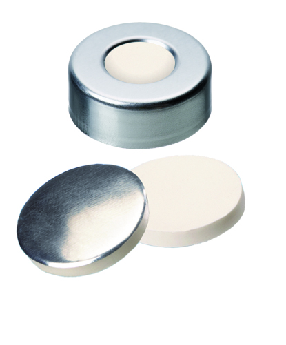 20mm Verschluss: Aluminium Bördelkappe, walzblank, mit Loch; Silicon weiß/Aluminiumfolie silber, 50° shore A, 3,0mm