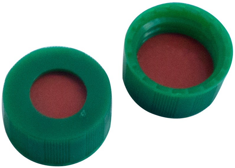9 mm PP-Kurzgewindekappe, grün, mit Loch; RedRubber/PTFE farblos, 45° Shore A, 1,0 mm