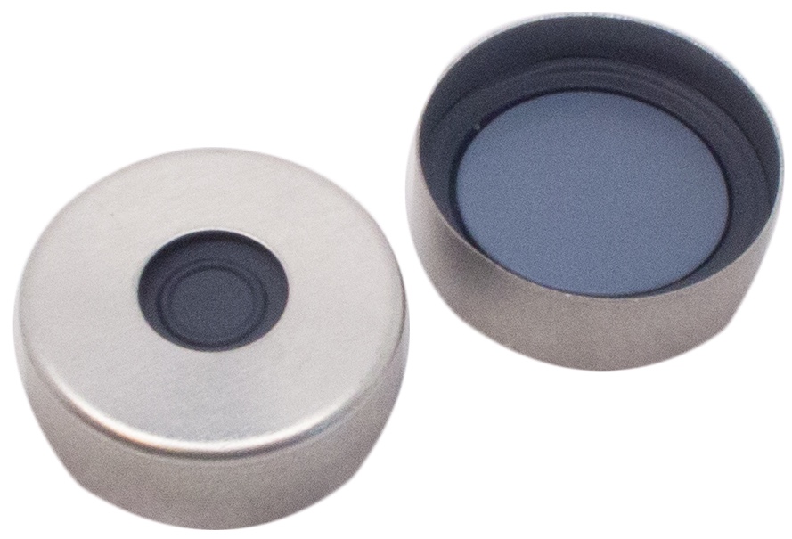 20 mm Magnetische Bördelkappe, silber, 8 mm Loch; Pharma-Fix-Septum, Butyl/PTFE, 50°Shore A, 3,0 mm