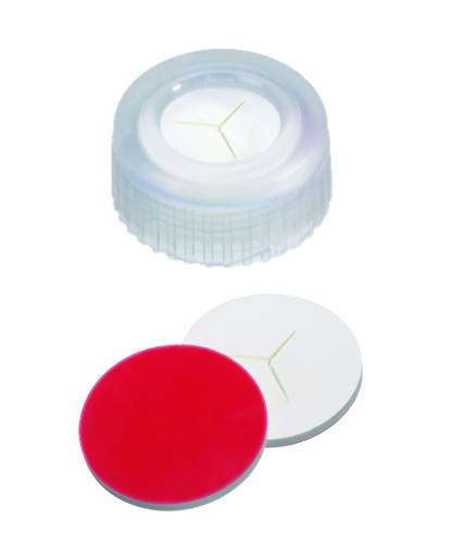 9 mm PP-Schraubkappe, transparent, mit Loch; Silikon weiß/PTFE rot, 55° Shore A, 1.0 mm, angeschlitzt (Y)