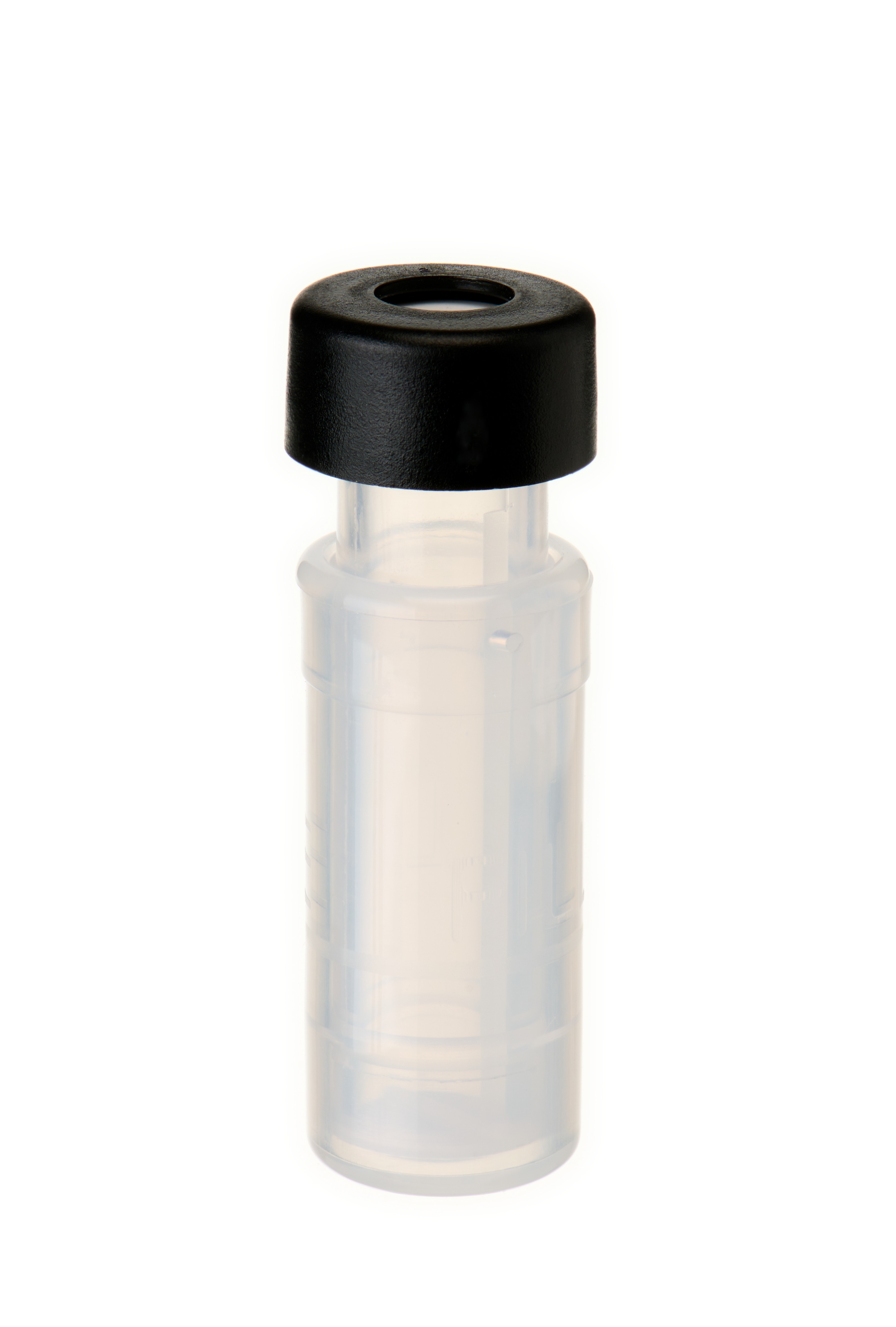 Filter Vial, (2118+2133) Membrane RC (regenerierte Zellulose), 0,45 µm, inkl. 11 mm PE Schnappringkappe, schwarz, mit Loch; Silicon weiß/PTFE rot, 45° Shore A, 1,0 mm, kreuzgeschlitzt