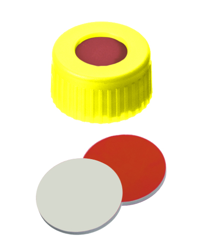 9mm Verschluss: PP Kurzgewindekappe, gelb, mit Loch; RedRubber / PTFE beige, 45° shore A, 1,0mm