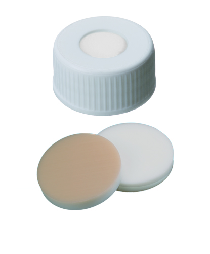 24mm UltraBond-Verschluß, PP-Schraubkappe, weiß, 10mm Loch; Silicon natur/ PTFE beige, 45° shore A, 3,2mm (EPA- Qualität)