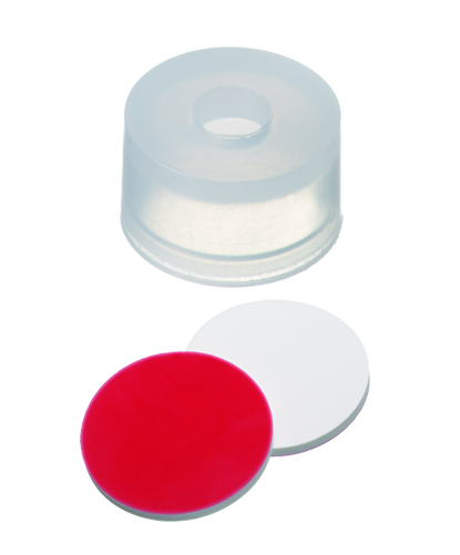 11 mm PE-Verschlusskappe, transparent, mit Loch; Silicon weiß/PTFE rot, 55° Shore A, 1,0 mm