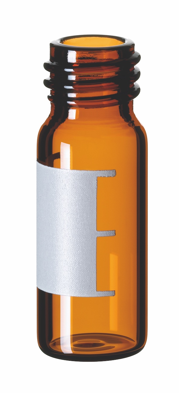 1,5ml Gewindeflasche, Gewinde 10-425, 32 x 11,6mm, Braunglas, 1. hydrol. Klasse, mit Schriftfeld und Füllmarkierung, weite Öffnung