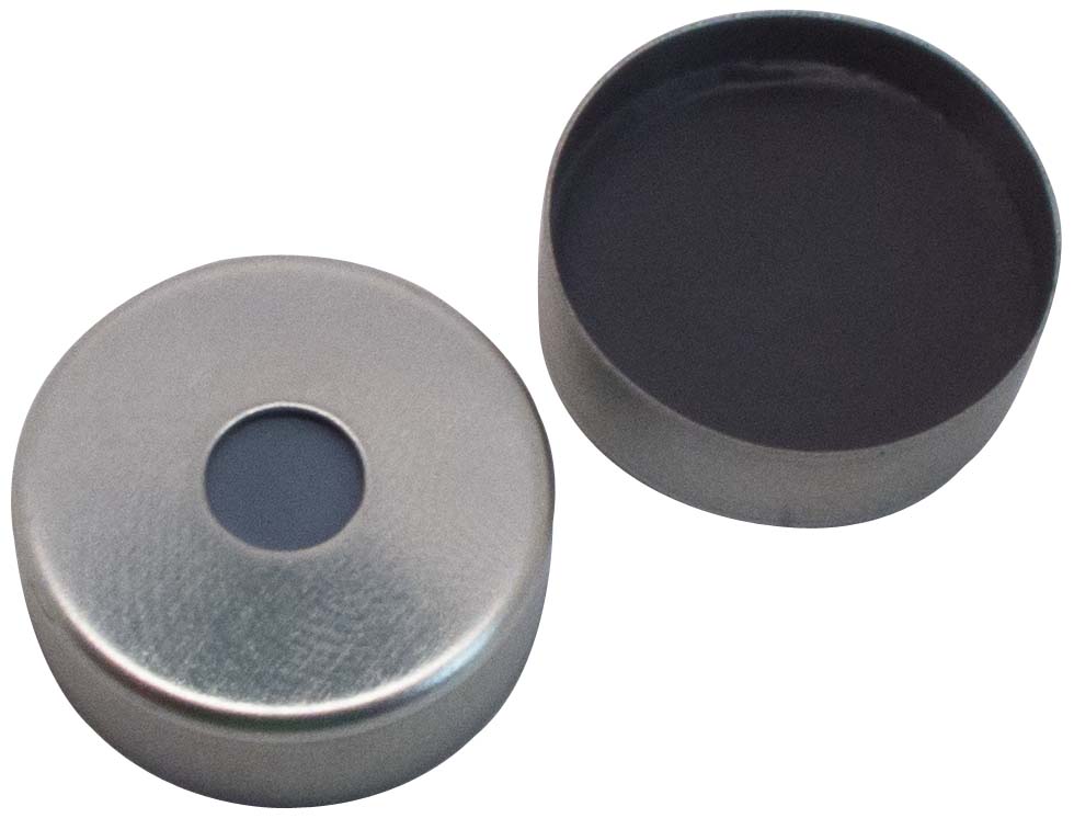 20mm Verschluss: Magnetische Bördelkappe, silber lackiert, mit 5mm Loch; Formscheibe Butyl/PTFE, grau, 50° shore A, 3,0mm