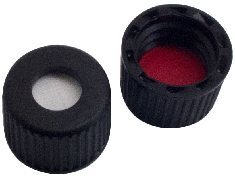 8 mm UltraClean PP-Schraubkappe, schwarz, mit Loch; Silicon weiß/PTFE rot, 45° Shore A, 1,3 mm