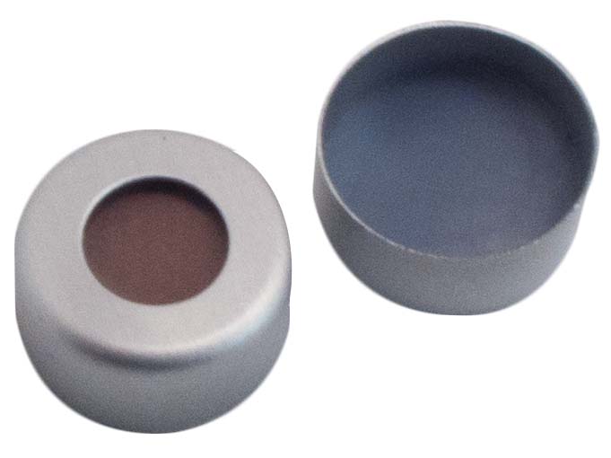 11mm Verschluss: Aluminium Bördelkappe, farblos lackiert, mit Loch; Butyl creme/PTFE grau, 55° shore A, 1,3mm