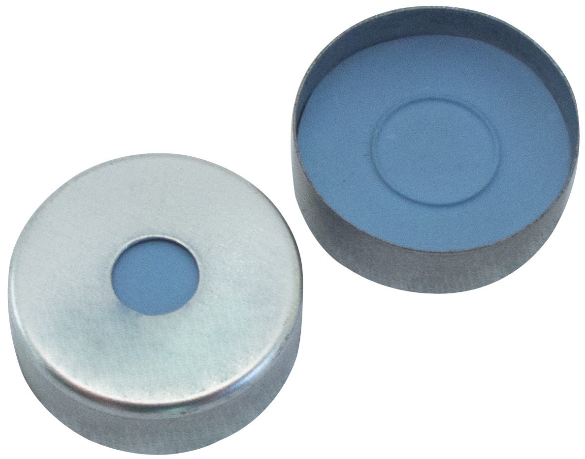 20 mm Magnetische Bördelkappe, silber lackiert, mit 5 mm Loch; Formscheibe Butyl, grau, 55° Shore A, 3,0 mm
