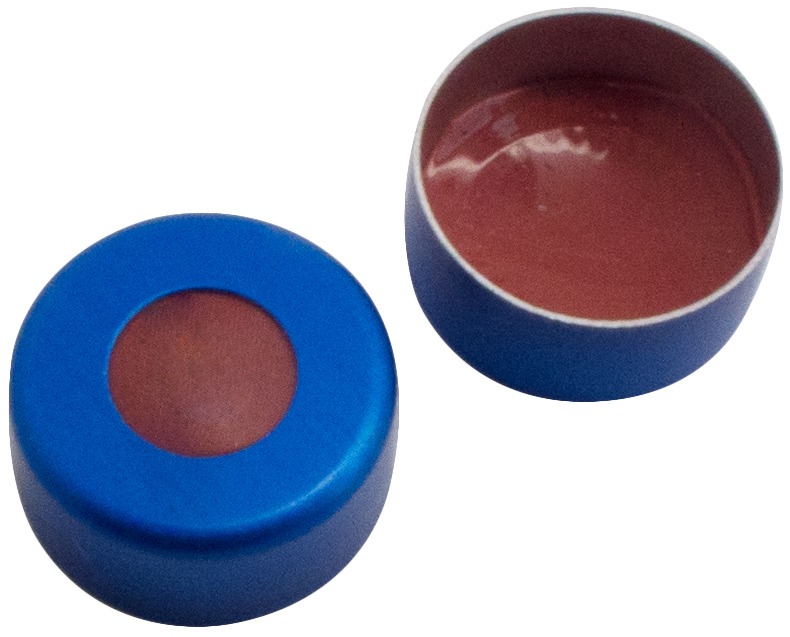 11 mm Aluminium-Bördelkappe blau lackiert, 5,6 mm Loch, Naturkautschuk/Butyl rot/TEF, 45° Shore A, 1,0 mm