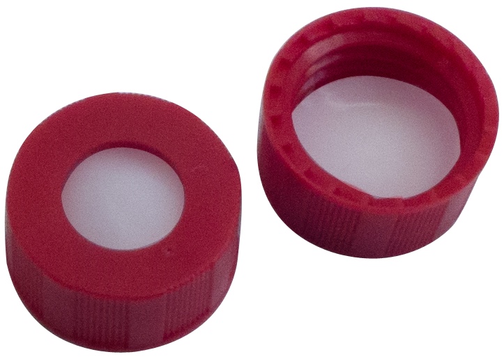 9 mm PP-Kurzgewindekappe, rot, mit Loch; PTFE virginal, 53° Shore D, 0,2 mm