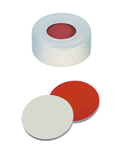 11mm Verschluss: PE-Schnappringkappe, transparent, mit Loch; RedRubber / PTFE beige, 45° shore A, 1,0mm